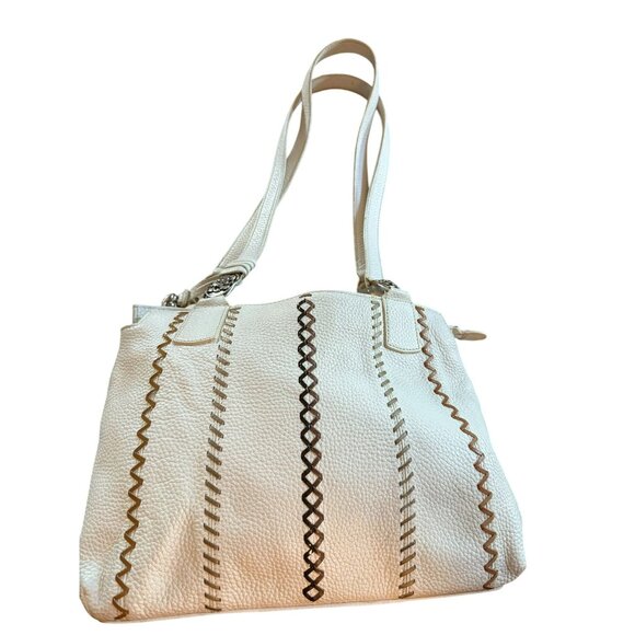 Brighton Cream Pebbled Leather Shoulder Tote Bag With Floral Metal Accents - Picture 1 of 12